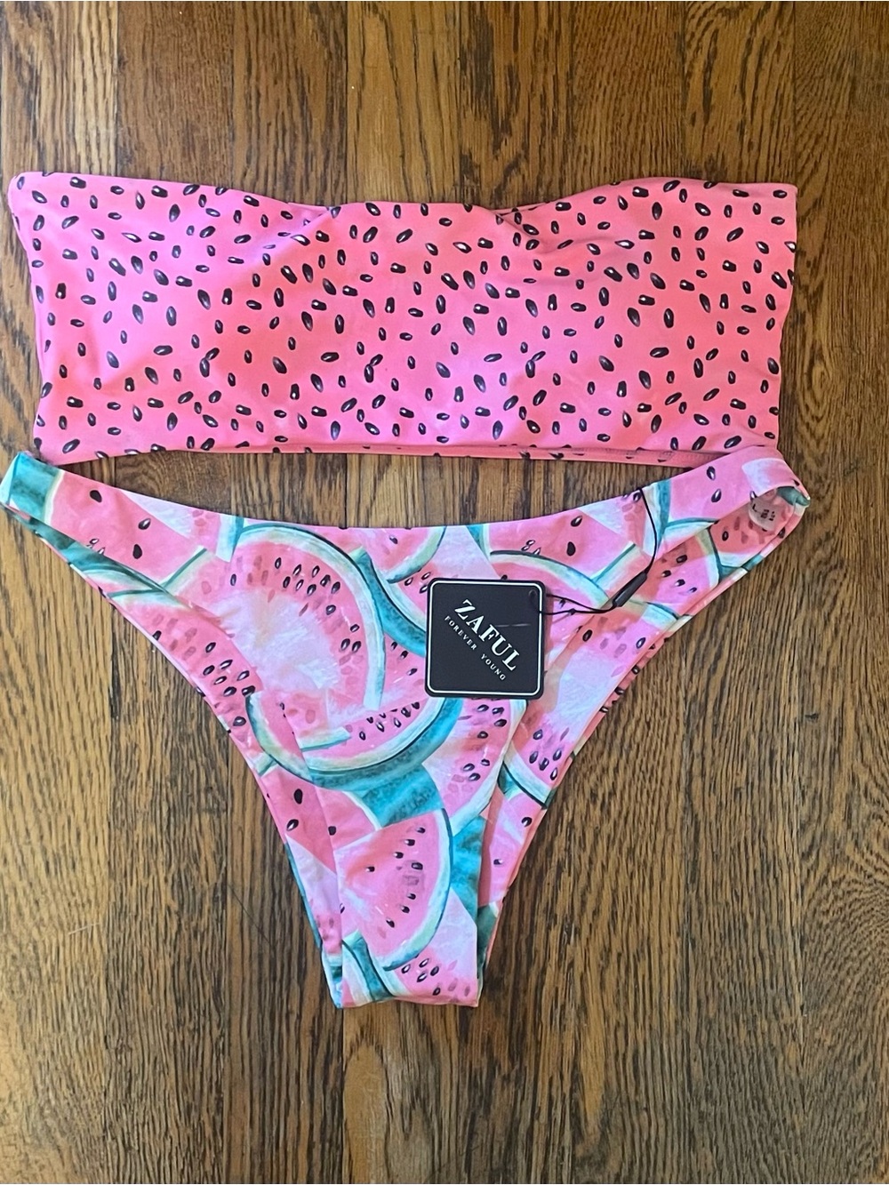 Zaful Pink Watermelon Print Girls' Bandeau Bikini - L